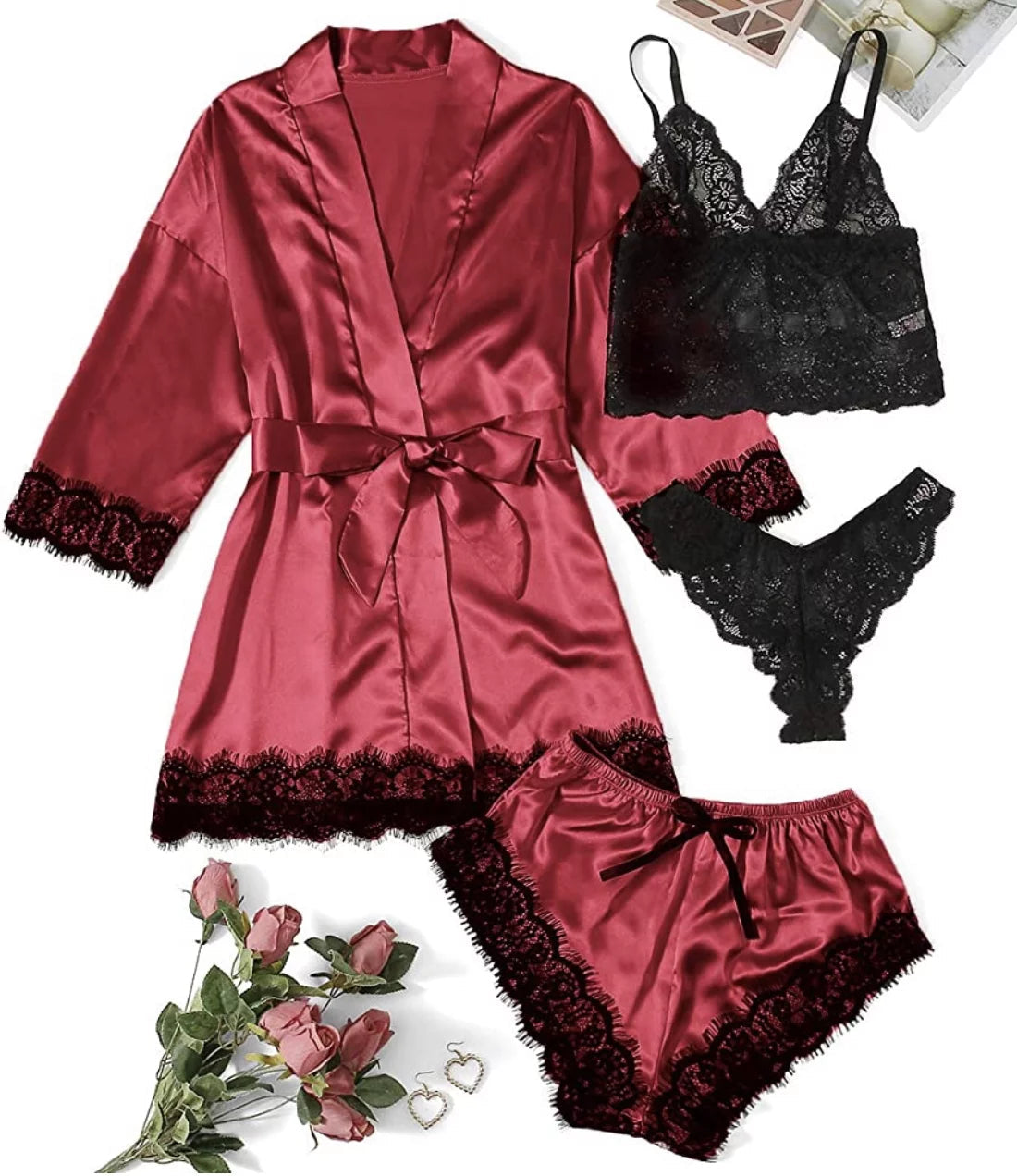 Sexy Lingerie, Silk Satin Pajamas for Women, Womens Summer Pajamas Pjs Sets of 4 Pcs with Floral Lace Top Shorts and Robe, Gift for Women, Black, L