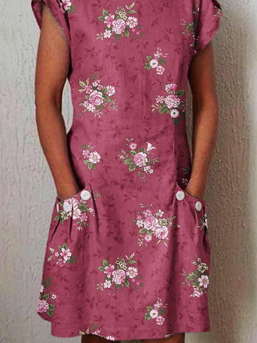 Women's Elegant Rose Rose Floral Pattern Cotton and Linen Dress with Pockets