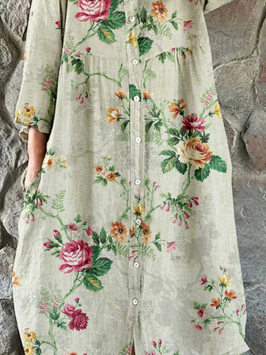 Women's Elegant Rose Floral Pattern Shirt Style Cotton and Linen Dress