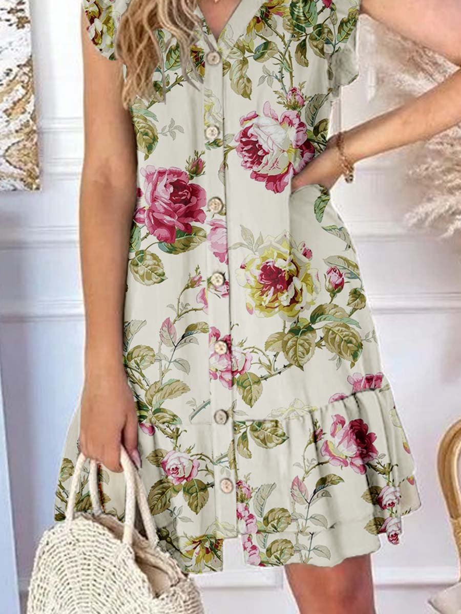 Women's Elegant Rose Floral Pattern Graphic Ruffle Sleeve Hem Dress