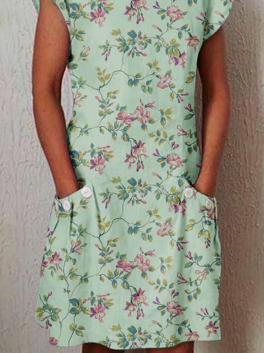 Women's Elegant Rose Rose Floral Pattern Cotton and Linen Dress with Pockets