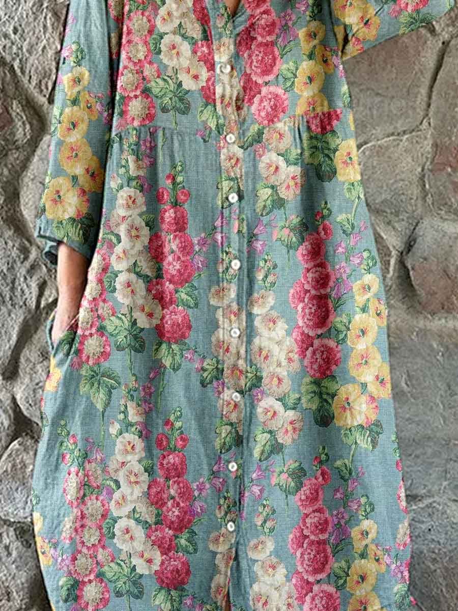 Women's Elegant Vintage Floral Print Shirt Style Cotton and Linen Dress