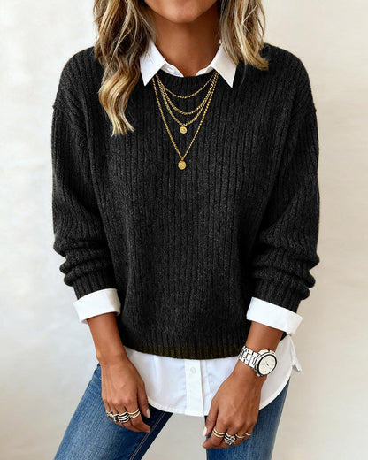Camille - Sweater With Shirt Collar And Patchwork Design