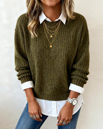 Camille - Sweater With Shirt Collar And Patchwork Design