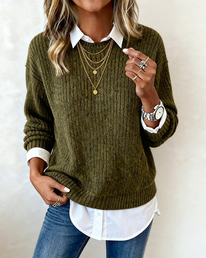 Camille - Sweater With Shirt Collar And Patchwork Design
