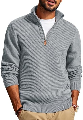 Mens Quarter Zip Pullover Sweaters Casual Slim Fit Knit Texture Sweater
