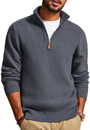 Mens Quarter Zip Pullover Sweaters Casual Slim Fit Knit Texture Sweater
