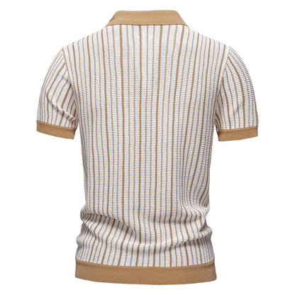 Men's Short Sleeve Knit Polo Vertical Stripe Button Shirt
