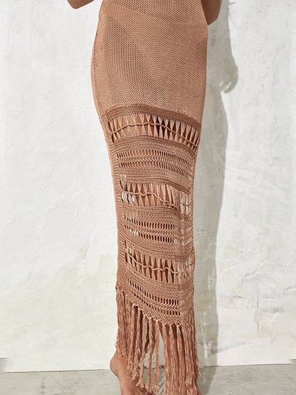 Women's Solid Color Camisole Knit Fringe Bikini Cover Up