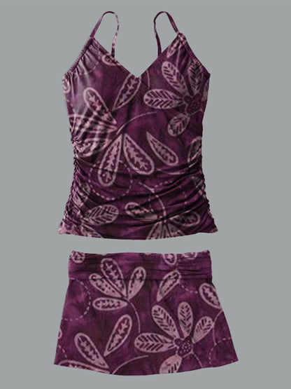 Women's V-neck Tie Dye Floral Print Suspender Skirt Tankini Set Swimsuit