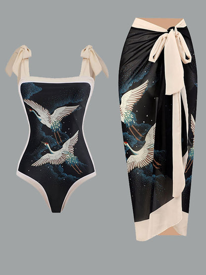 Women's Vintage One Piece Swimsuit Suit Chiffon Cover Up