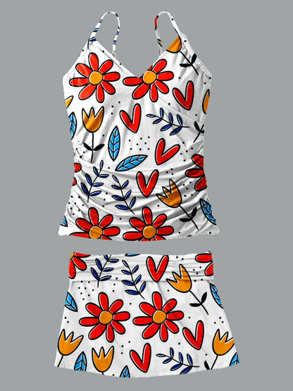 Women's V-neck Color Floral Print Suspender Skirt Tankini Set Swimsuit