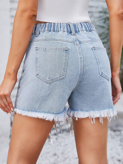 Women's Washed Diamond Tassel Beaded Denim Shorts