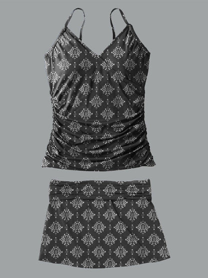 Women's V-neck Paisley Print Suspender Skirt Tankini Set Swimsuit