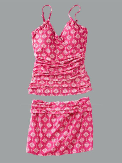 Women's V-neck Paisley Print Suspender Skirt Tankini Set Swimsuit