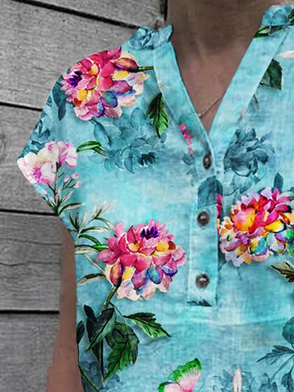 Women's  Floral Art Casual Cotton Shirt Top