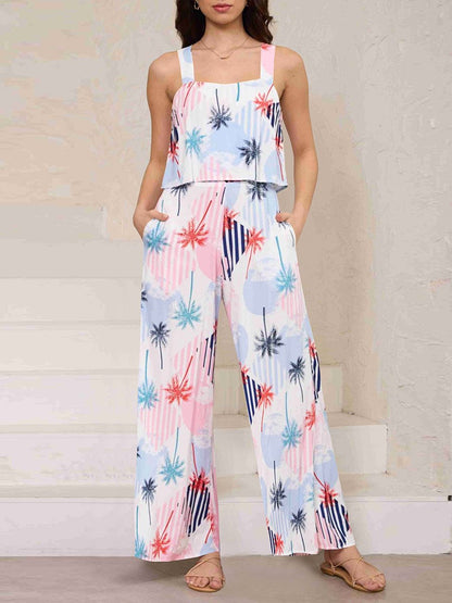 Women's Printed Suspenders Wide Leg Jumpsuit